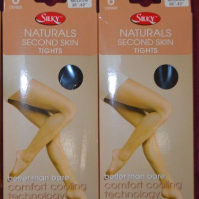 2 Pair Silky Naturals Second Skin Tights Black Medium 8 DEN Sheer Finish (G2)